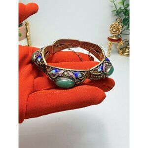Chinese Export Silver Vermeil Filigree Floral Enamel & Jade Panel Bracelet